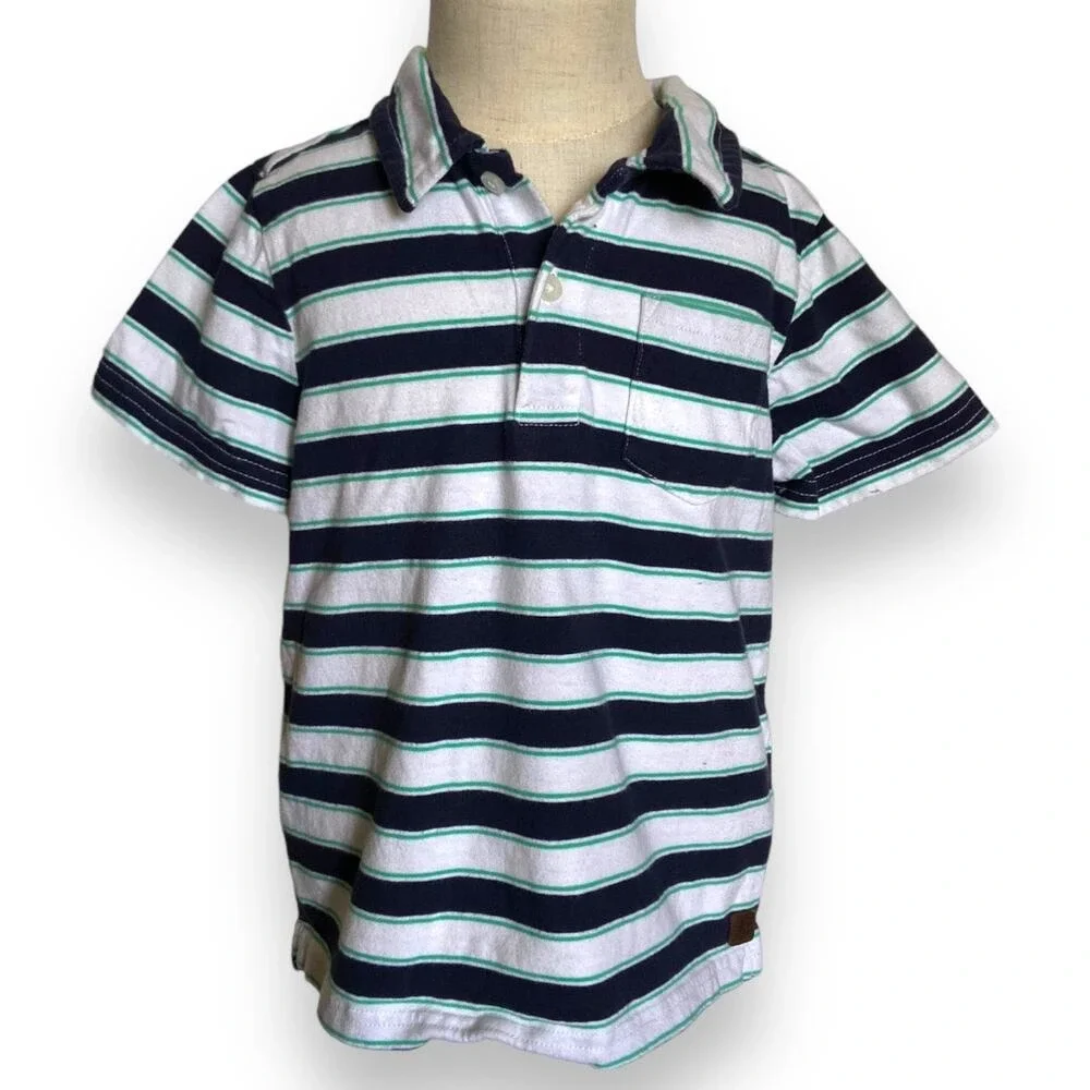 Janie & Jack Boys Shirt Size 4 Lighthouse Way Striped Polo Shirt White Teal Blue